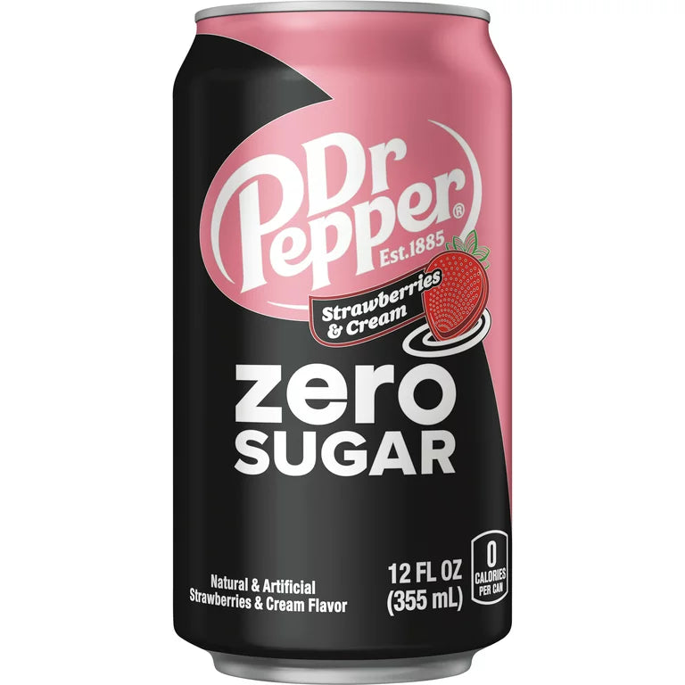 Dr Pepper Strawberries & Cream Zero Sugar USA - Bevanda analcolica alla Fragola e Panna Senza Zucchero (355ml) bevande sugar free