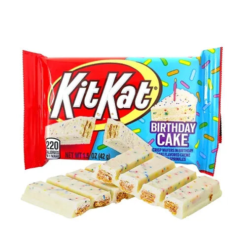 Kit Kat Birthday Cake USA -  Wafer croccanti con crema dolce al gusto di torta di compleanno ricoperto da cioccolato bianco (42g)