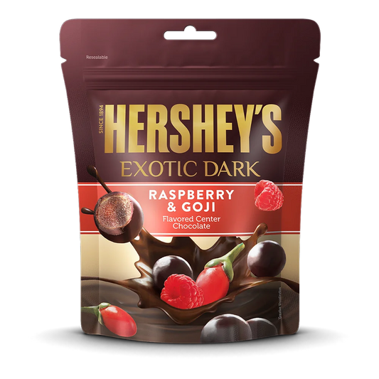 Hershey's Exotic Raspberry & Goji (Indonesia) - Cioccolatini morbidi con ripieno di Frutta Esotica Lampone e Goji e rivestimento di Cioccolato Fondente (100g)