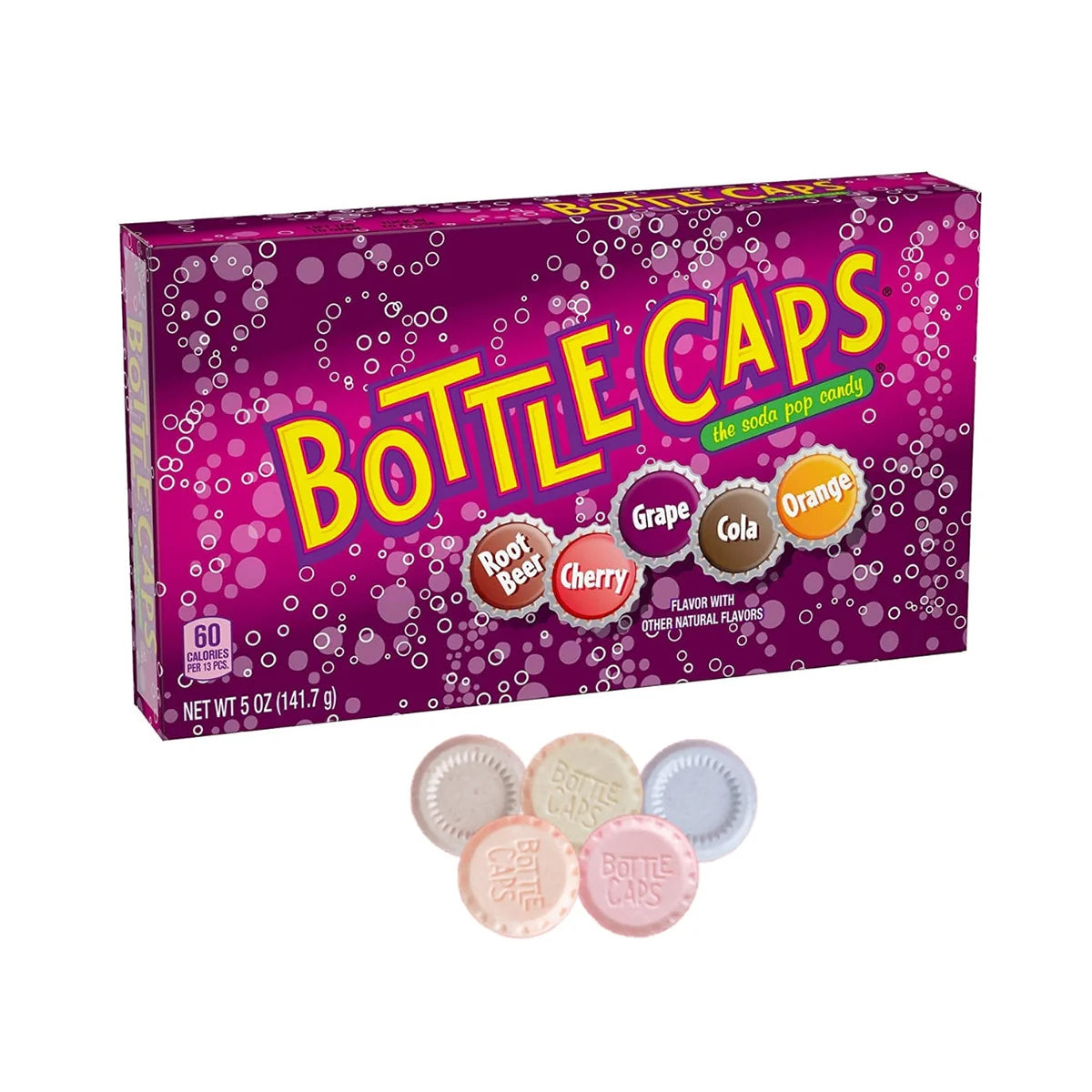 Bottle Caps Soda Pop Candy (USA) - Caramelle alla frutta frizzanti gusto bibite (Cola, Orange, Grape, Cherry ) (142g)