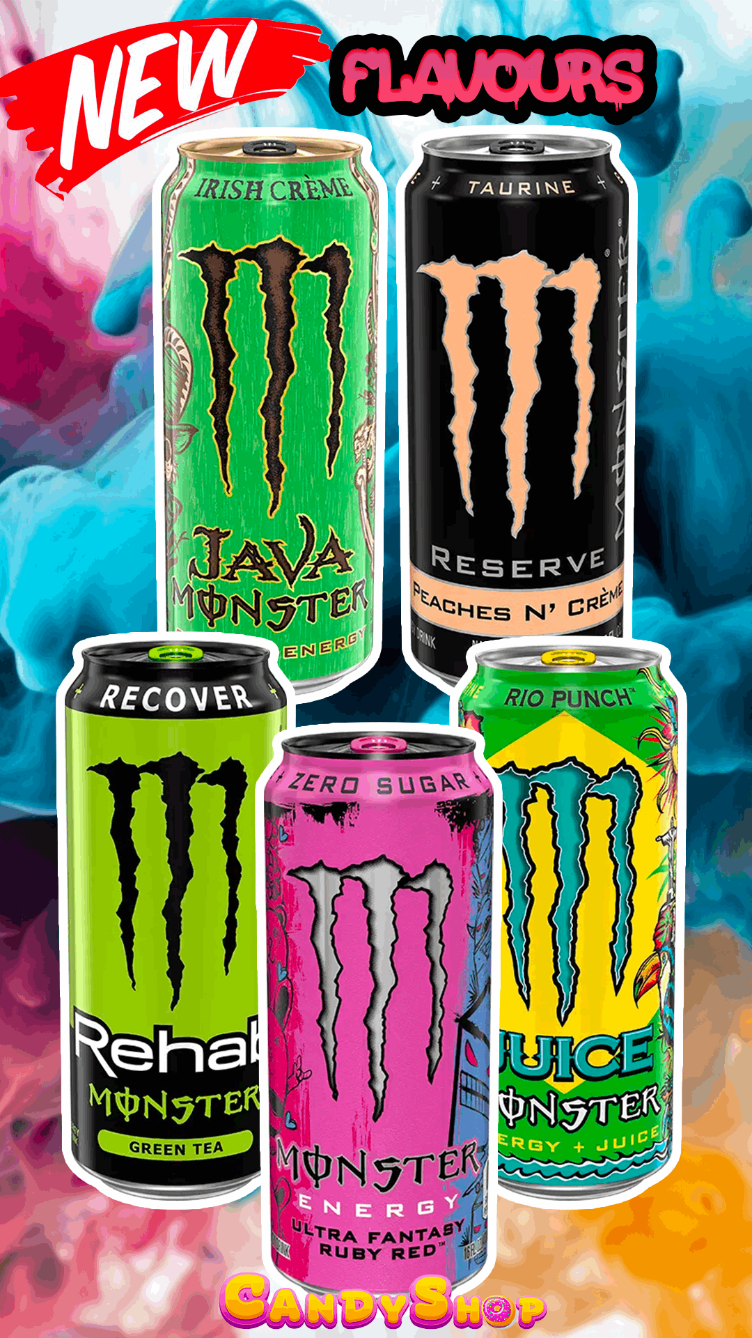 Monster Energy 2024 X5 pack (Rio, Ruby, Green Tea, Peaches N' Creme, Irish) *** DENTS !!! bundle energy online newest