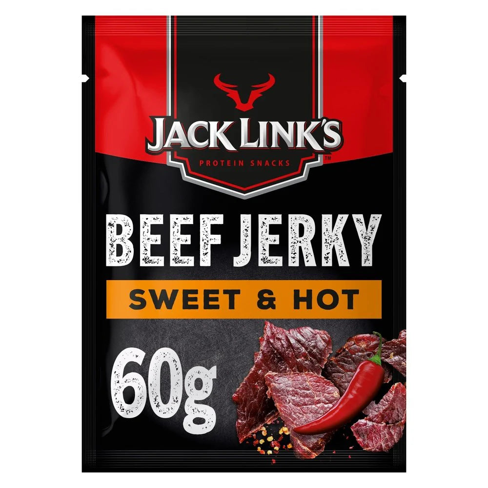 Jack Link’s Sweet & Hot - FETTINE DI CARNE DI MANZO LEGGERMENTE PICCANTI, ESSICCATA E AFFUMICATA CON SPEZIE (60G) gluten-free halal salato