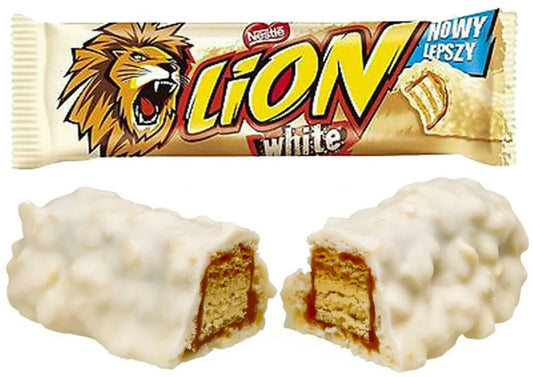 Lion White - Barretta di Wafer ricoperta di cioccolato bianco e caramello (40g)